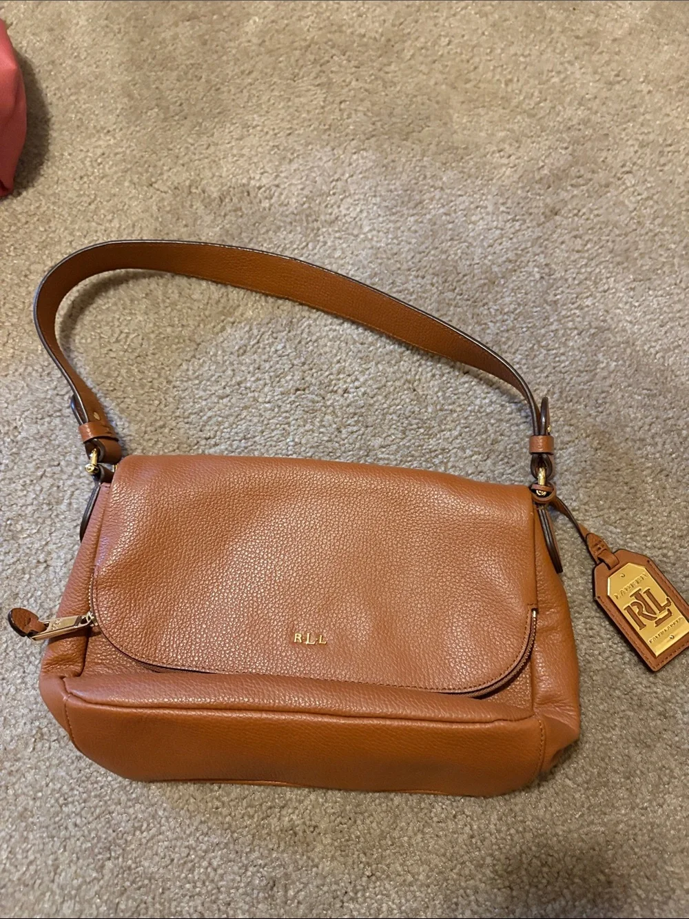 Ralph Lauren Caramel Leather Shoulder Bag with Gold Tag